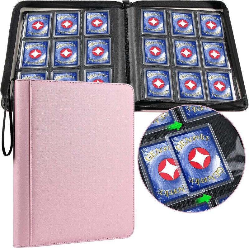 GEAoffice 9 Pockets Top Loader Binder Holds 324 Cards, Premium PU Leather Trading Card Binder for Toploader, Side Loading Zipper Card Binder Top Loader for 3"×4" Rigid, MTG, TCG, Waterproof, Pink - Image 1